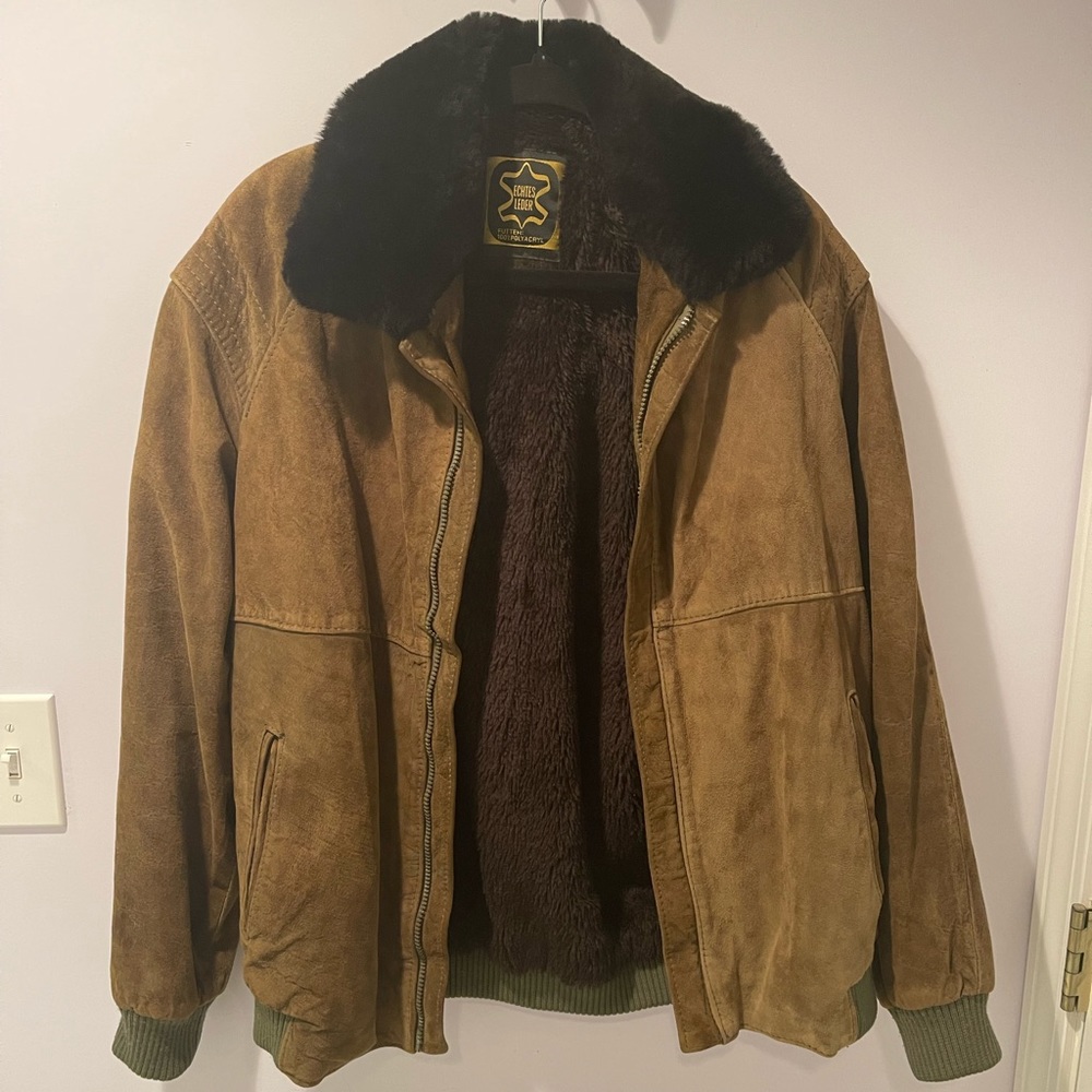 Vintage 70s Dark Brown Suede Bomber Jacket Faux Fur Collar
